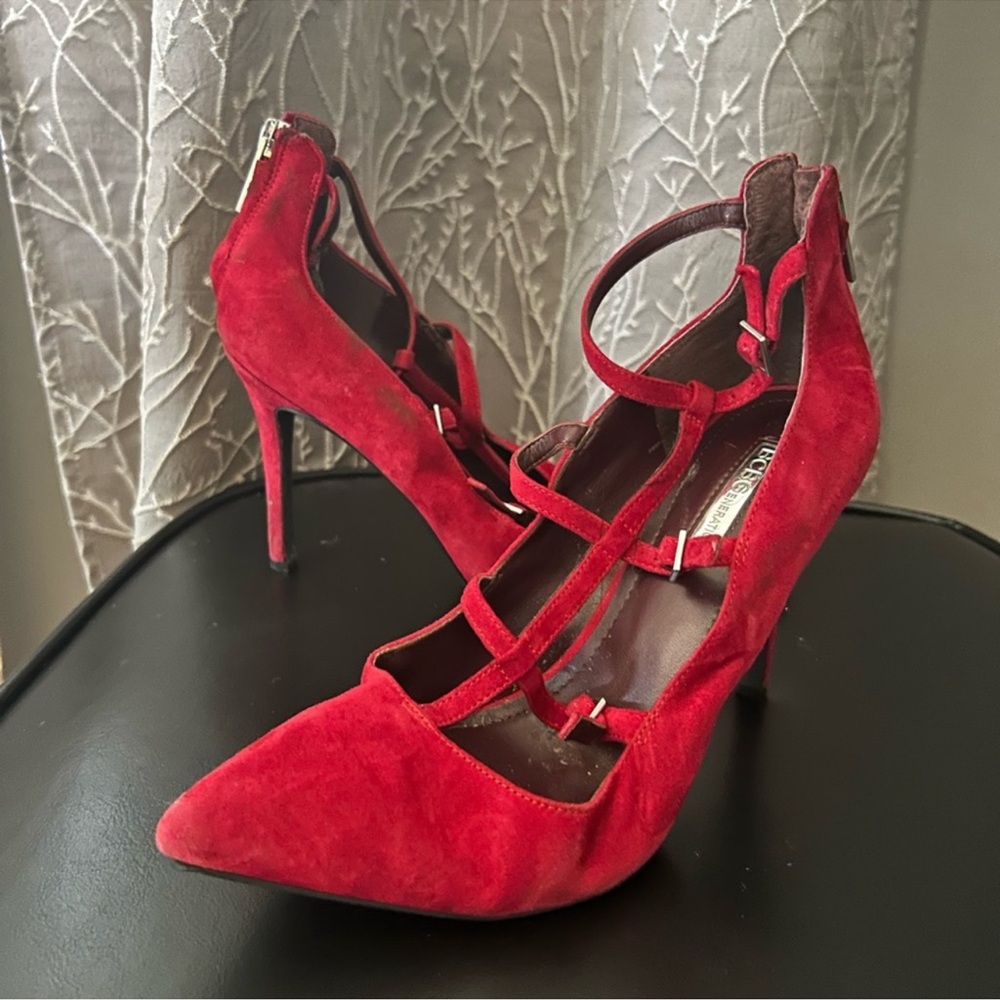 BCBGeneration Women's Suede Leather Pointed Toe Strappy Stiletto Pumps Red